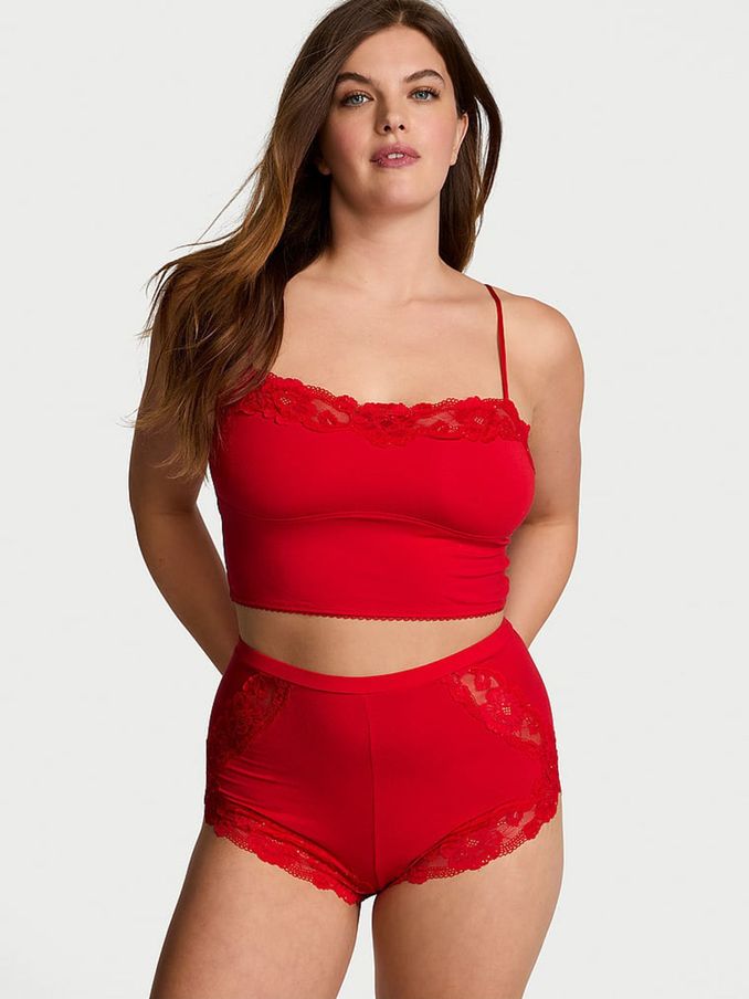 Lipstick Red Sequin Lace Straight Neck Modal Cami Set (E46611) | €52