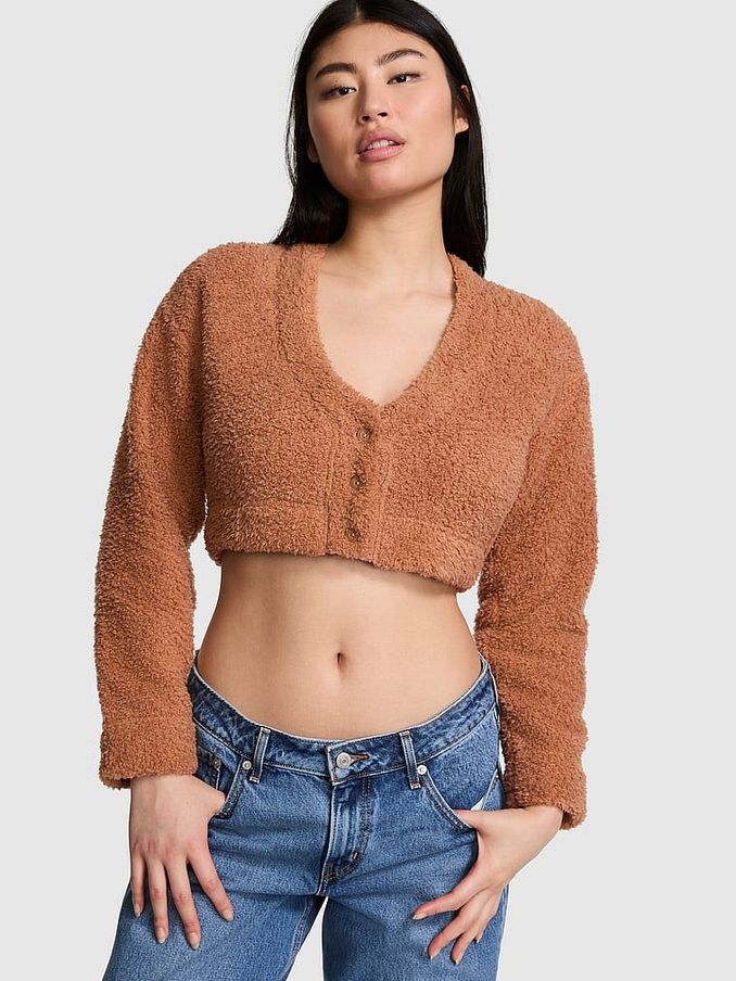 Toffee Brown Cosy Knit Cropped Cardigan Pyjama Top (E46646) | €19
