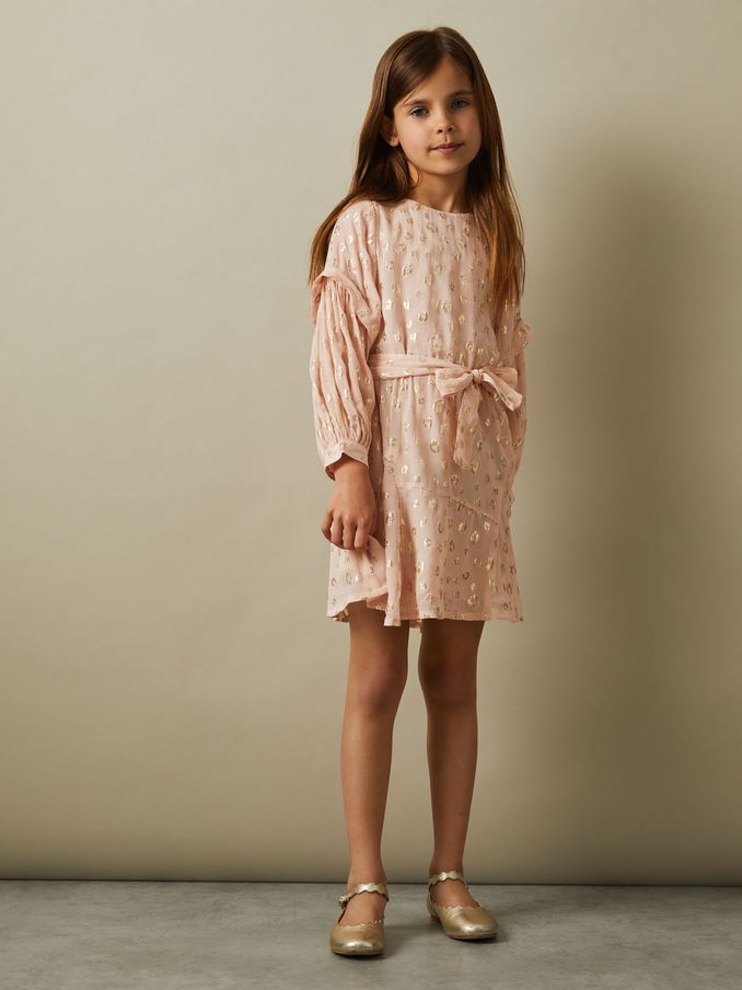4-9 yrs Metallic Jacquard Print Puff Sleeve Dress in Pink (E47061) | €34