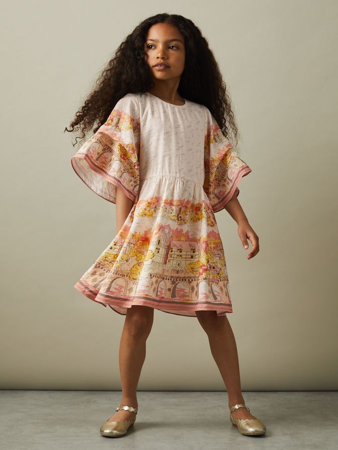 4-9 yrs Placement Print Flare Sleeve Dress in Pink Print (E47064) | $52