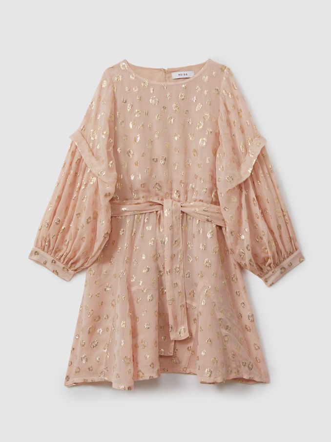 13-14 yrs Metallic Jacquard Print Puff Sleeve Dress in Pink (E47066) | €36