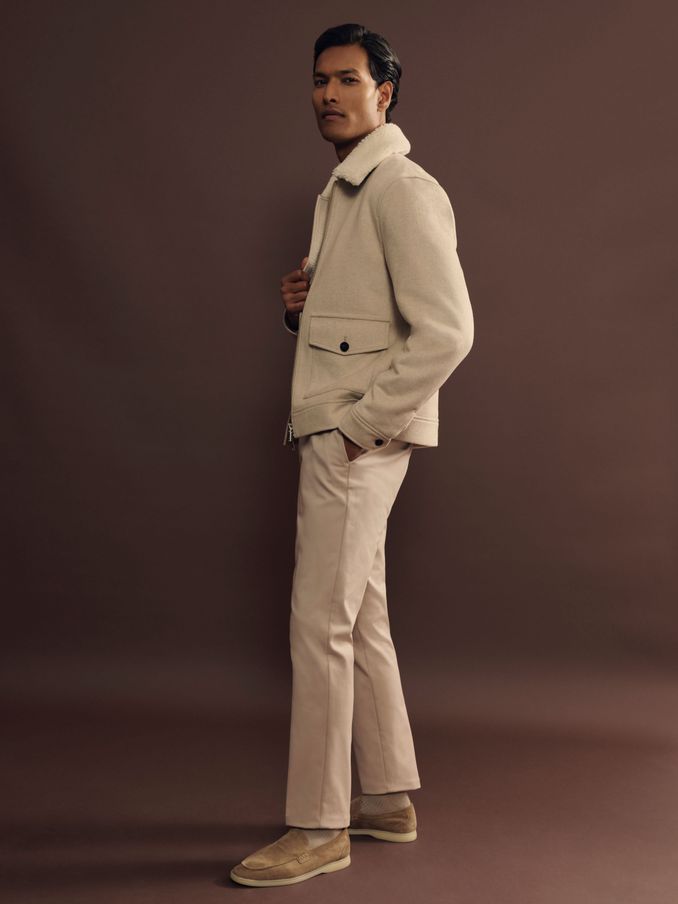 Wool Blend and Faux Shearling Jacket in Stone Melange (E47107) | US$324
