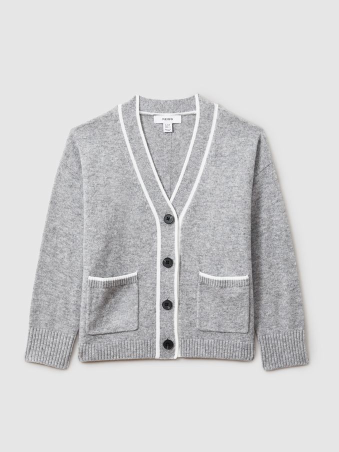 13-14 yrs Wool-Blend Stripe-Detail Cardigan With Cashmere in Grey (E47878) | HK$650