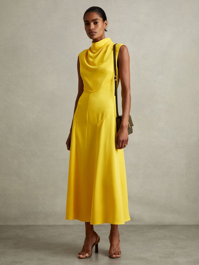 Georgia Yellow Cowl Neck Seam Detail Midi Dress (E47879) | US$114