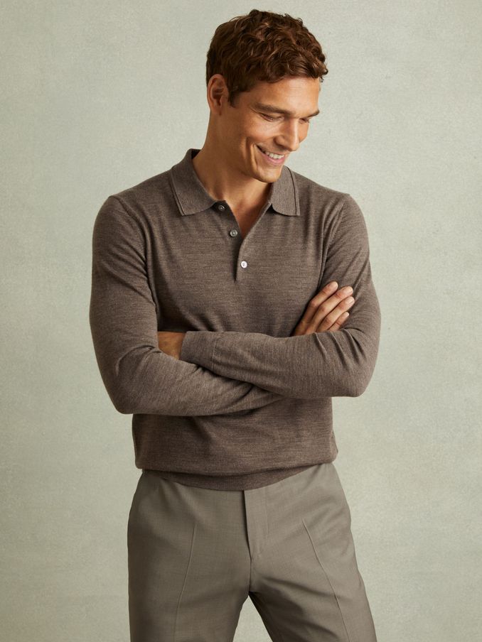 Merino Wool Polo Shirt in Brown (E47885) | US$111