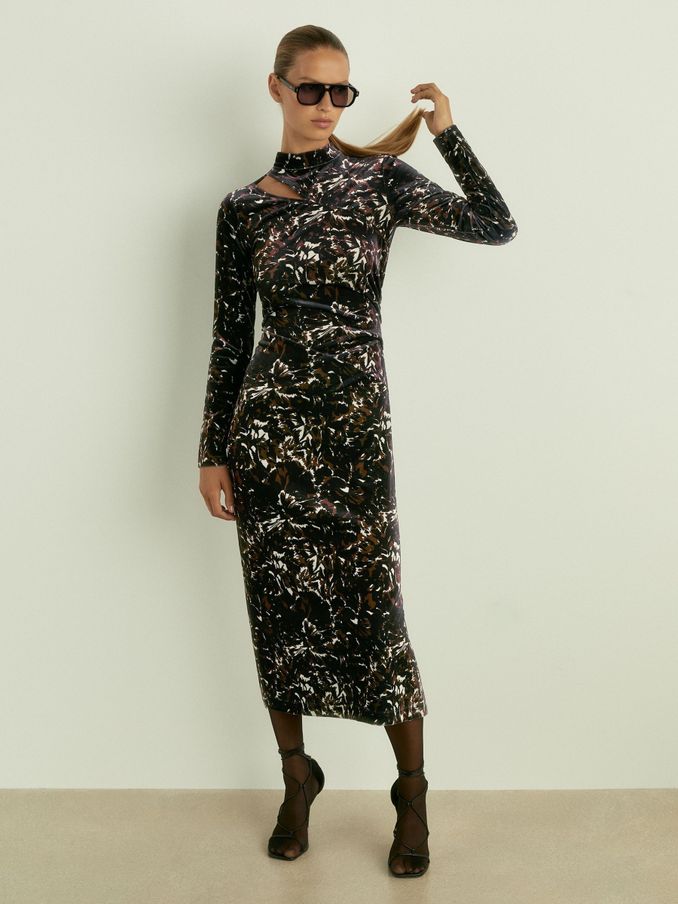 Cut Out Abstract Print Velvet Dress in Black (E47888) | US$84