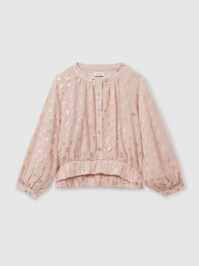 13-14 yrs Metallic Print Puff Sleeve Ruffle Top in Pink (E47899) | US$40