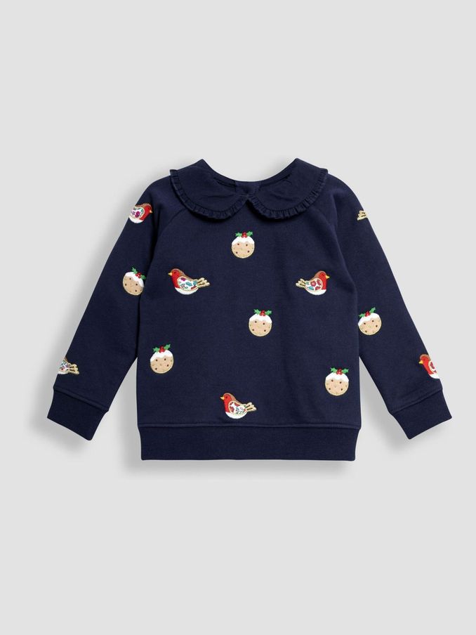Navy Christmas Pudding And Robin Applique Sweatshirt (E48898) | $45