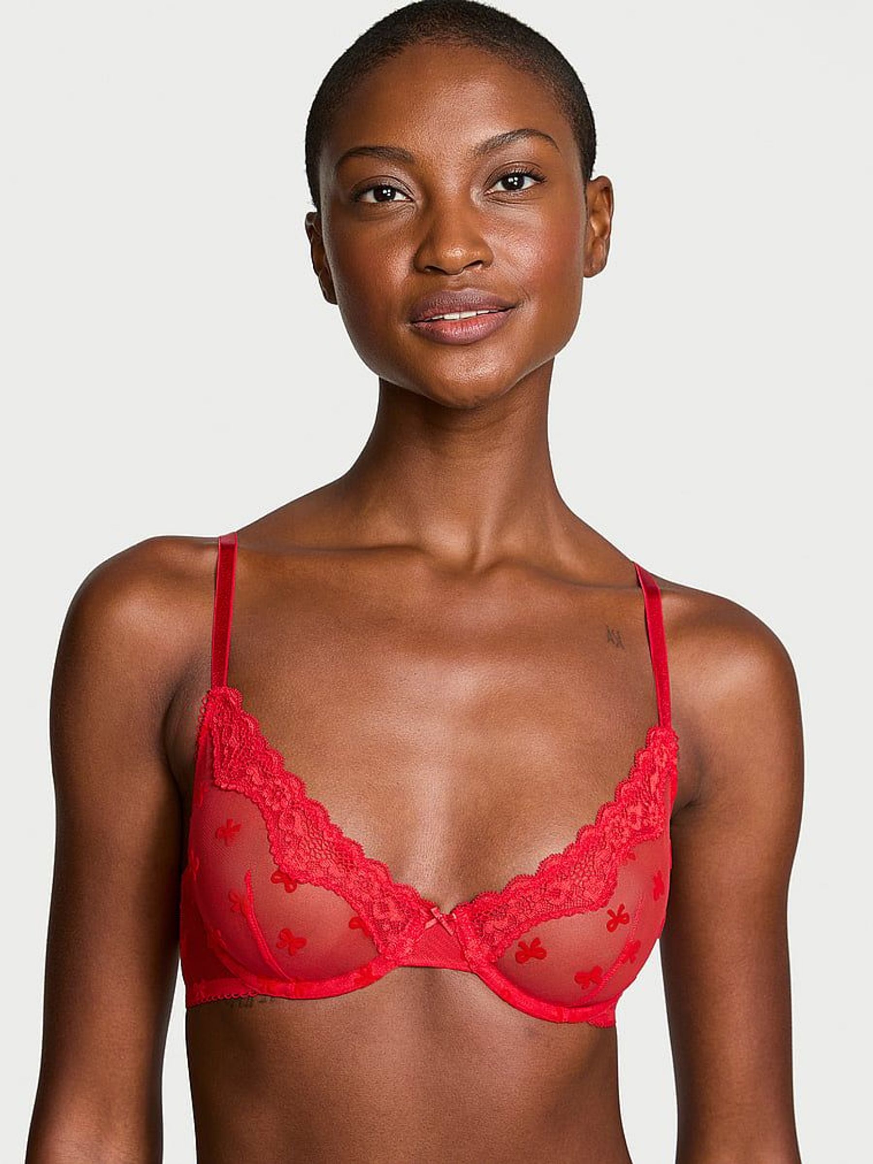 Vermillion Red Bows Flocked Unlined Demi Bra (E49530) | €13