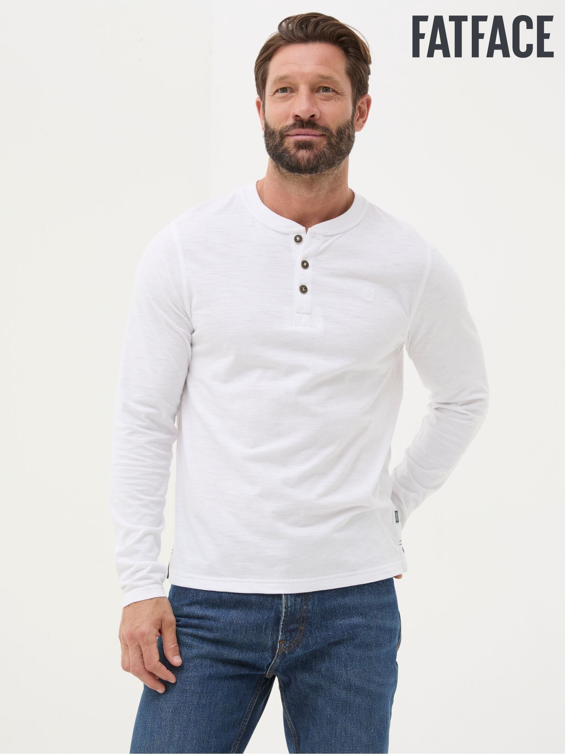 Woodside White Long Sleeve Henley T Shirt (E50230) | $46