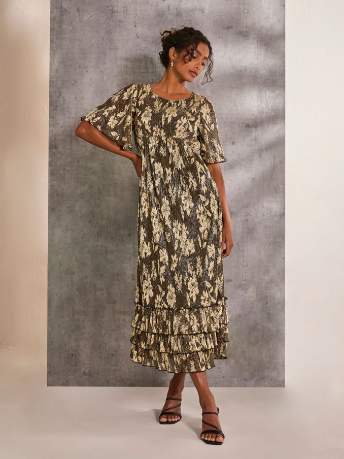 Lucia Gold Foil Plisse Maxi Dress (E50246) | $76