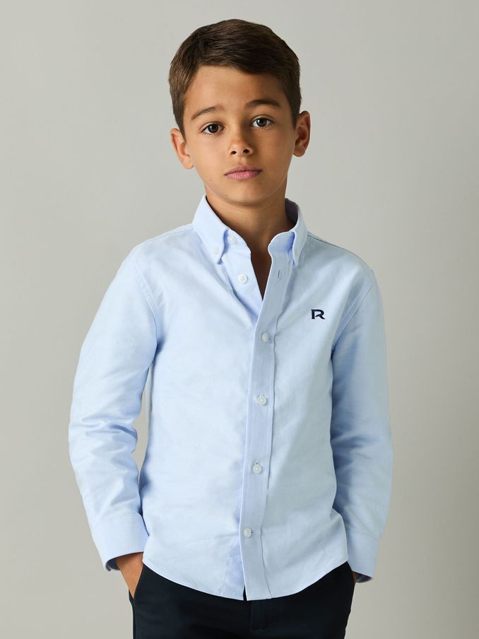 3-9 yrs Cotton-Oxford Embroidered Button-down Shirt in Soft Blue/Navy (E50683) | US$34