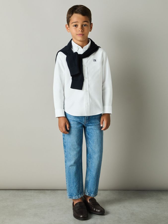 4-9 yrs Cotton-Oxford Embroidered Button-down Shirt in White/Navy (E50687) | $30