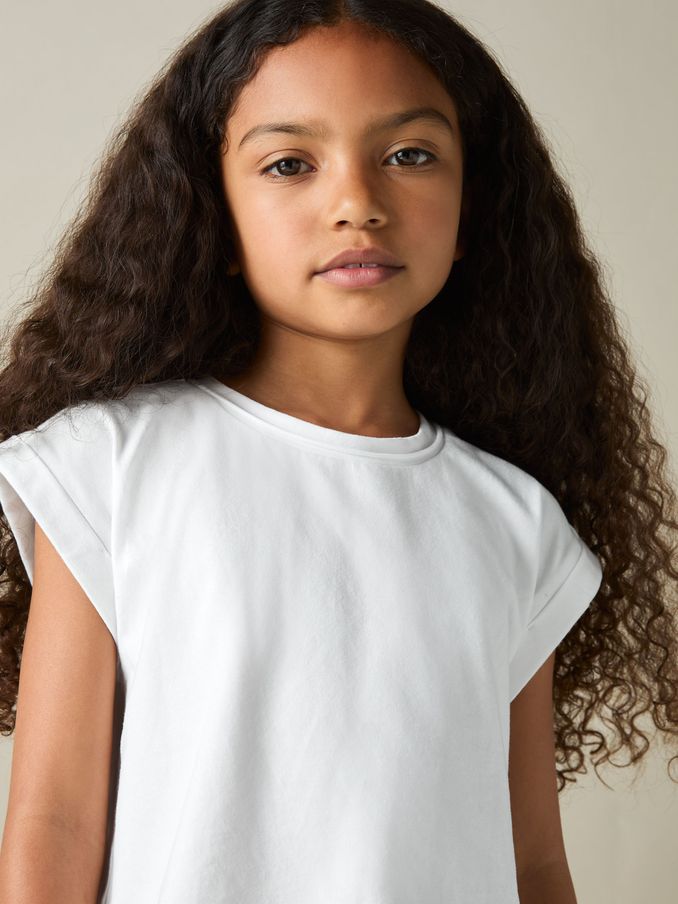 9-13 yrs Cotton-Jersey Cropped T-Shirt in White (E50695) | US$30