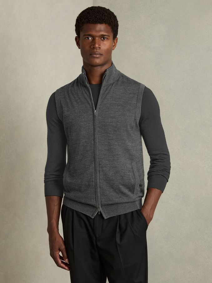 Merino Wool Zip Through Gilet in Derby Grey Melange (E50703) | US$47