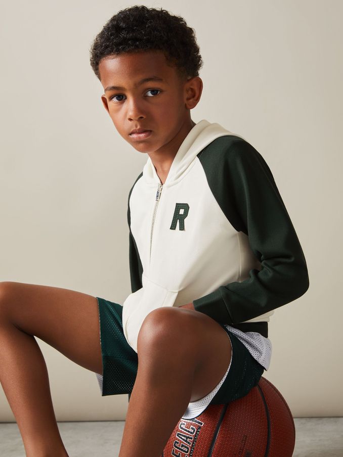 9-13 yrs Interlock Jersey Colourblock Hoodie in White/Emerald Green (E50710) | $38