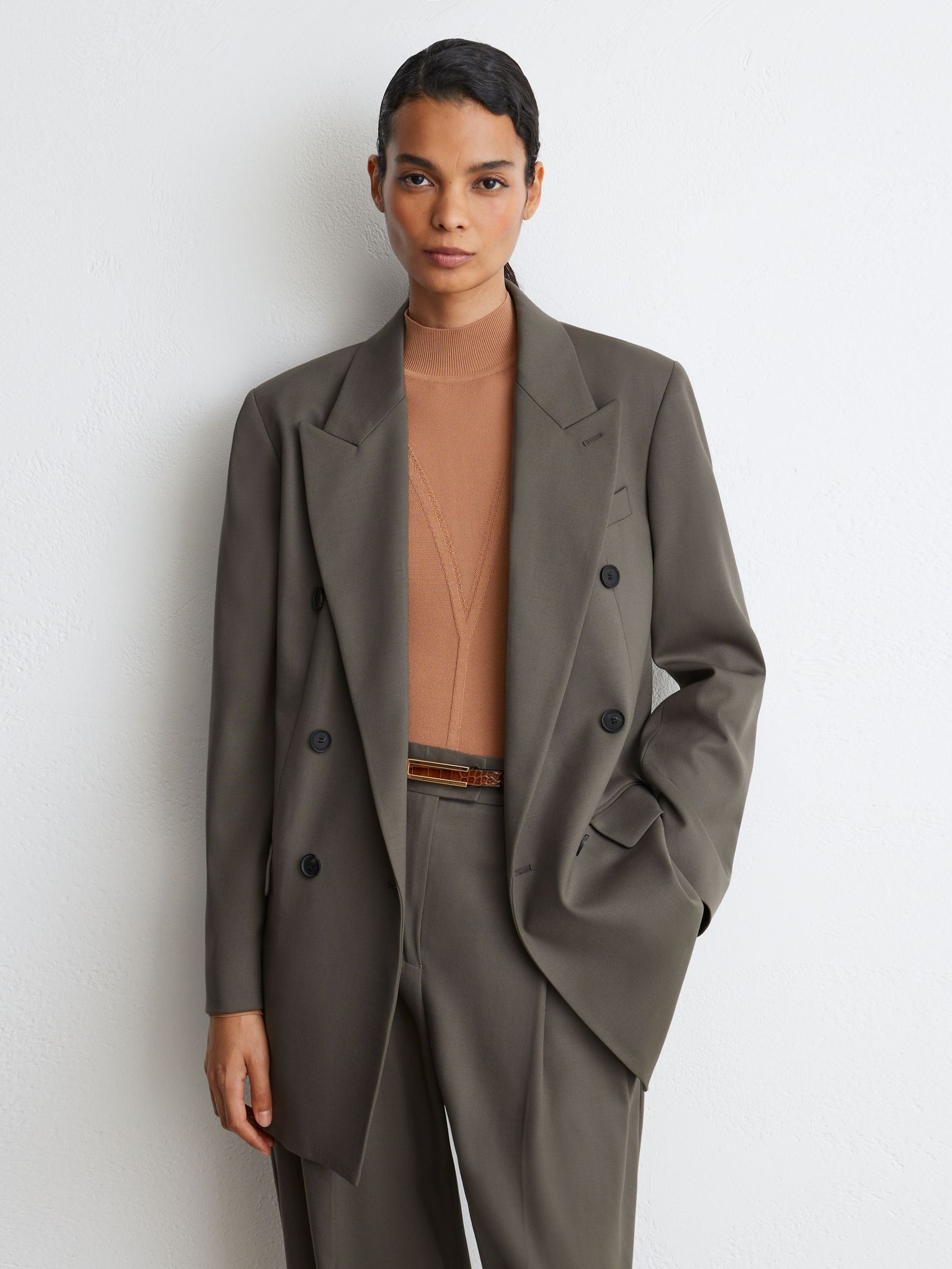 šalvějově zelená - Wool-blend Double-breasted Oversized Suit Blazer