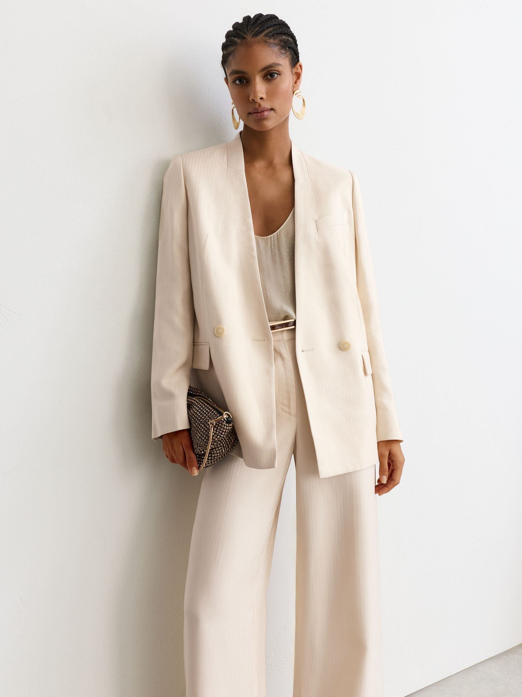 Cream - Jacquard-stripe Collarless Double-breasted Blazer