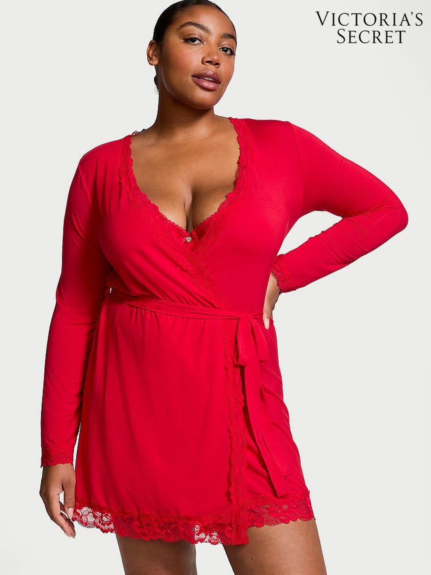 Lipstick Red Modal Lace Trim Robe (E51864) | €56