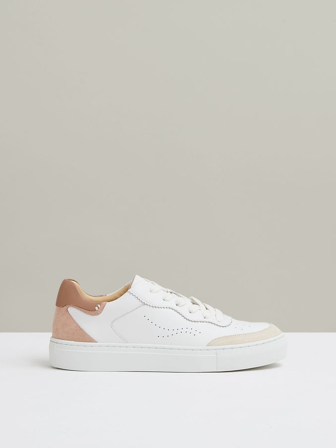 Leather Contrast Detail Trainers in White/Nude (E52448) | US$225