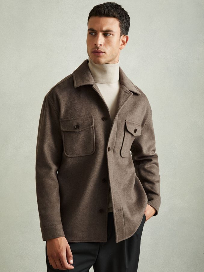 Wool-Blend Melton Overshirt in Light Brown (E52495) | US$192