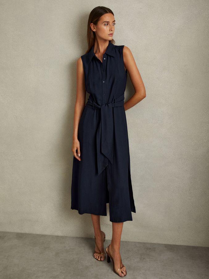 Petite Viscose Blend Belted Shirt Dress in Navy (E52496) | US$111