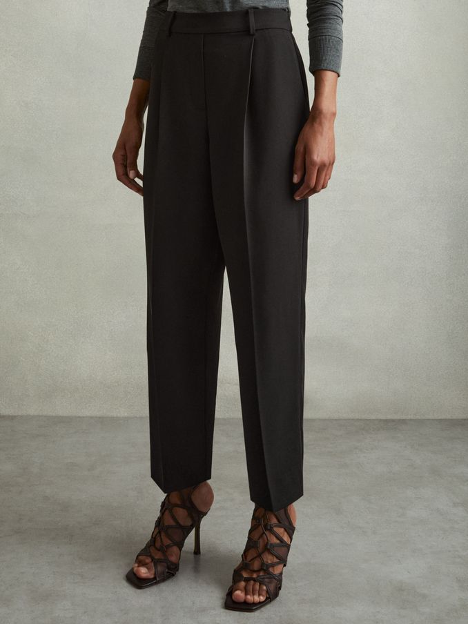 Petite Front Pleat Tapered Trousers in Black (E52499) | US$80