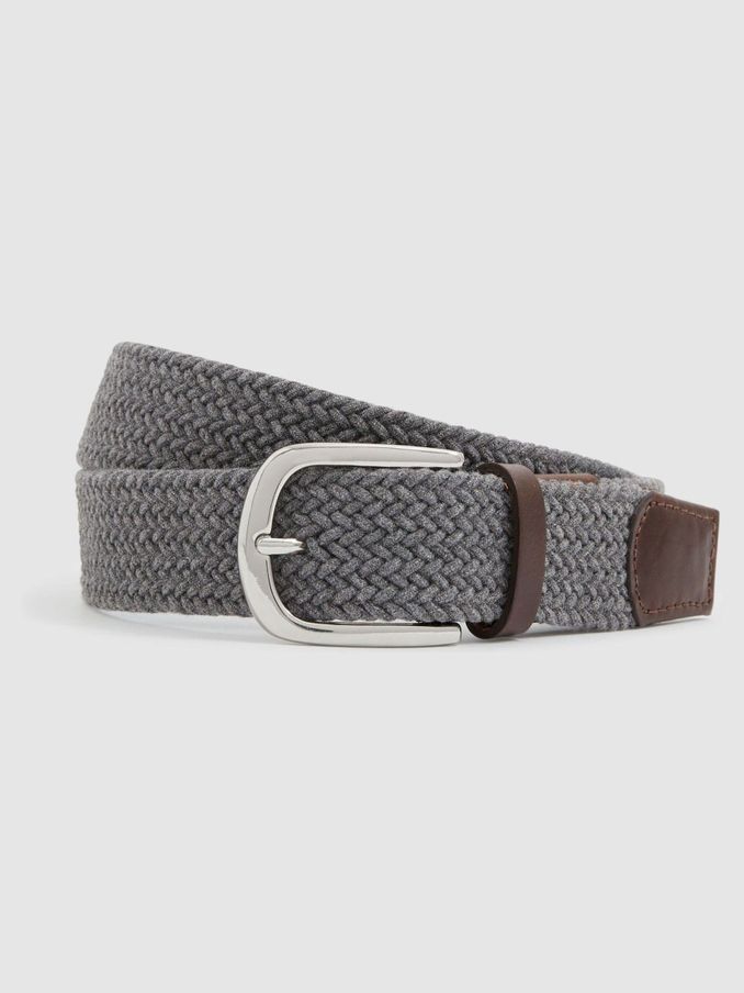 Leather Tipped Woven Belt in Grey Melange (E52500) | US$32