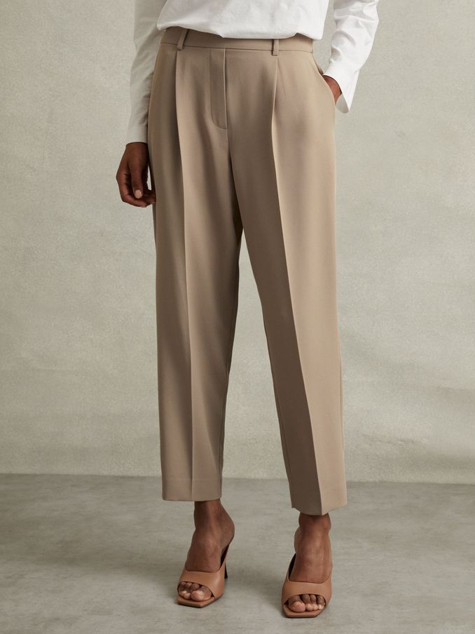 Petite Front Pleat Tapered Trousers in Mink Neutral (E52505) | US$80
