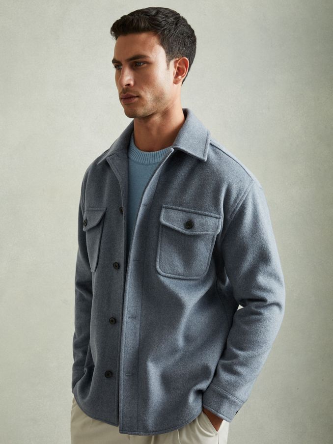 Wool-Blend Melton Overshirt in Airforce Blue (E52506) | US$174