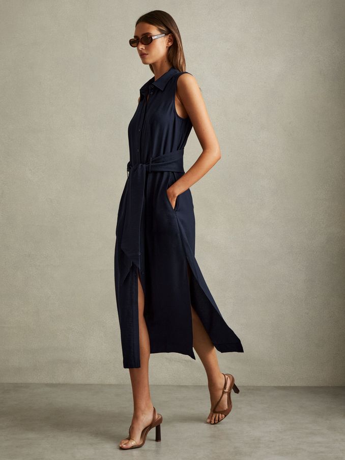 Viscose Blend Belted Shirt Dress in Navy (E52510) | US$111