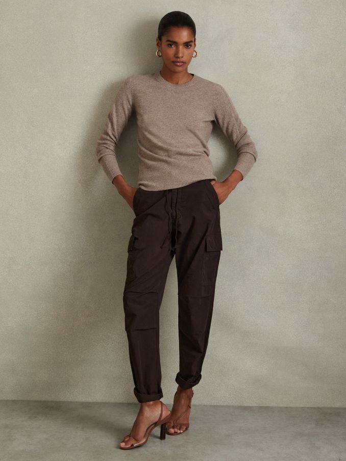 Tapered Drawstring Cotton Combat Trousers in Chocolate (E52514) | US$147
