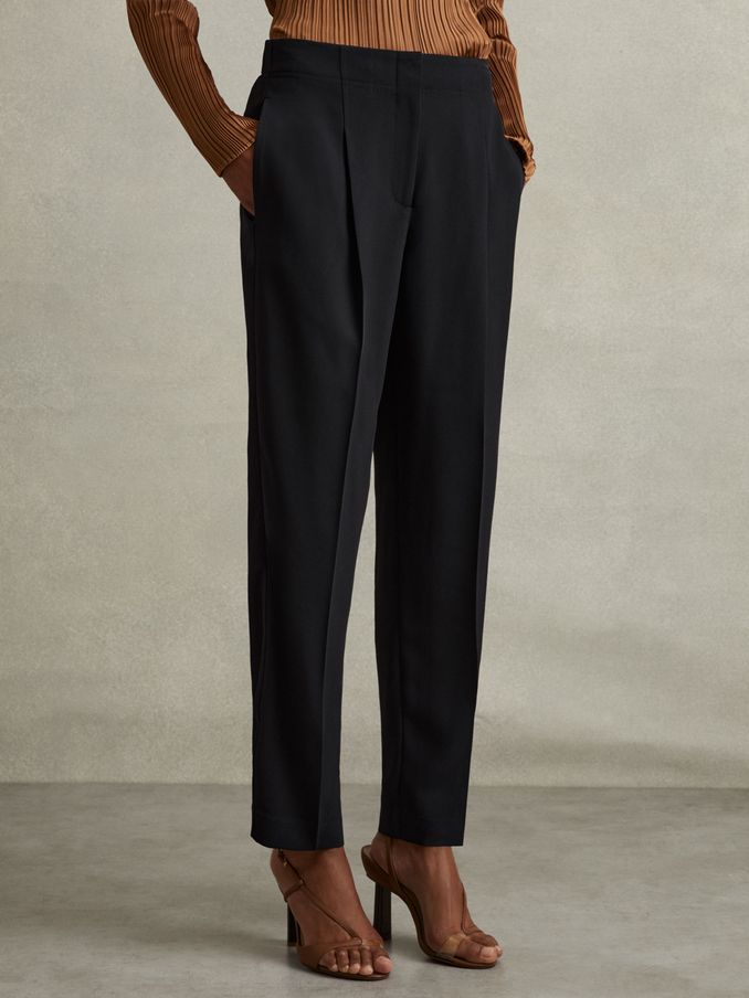 Petite Front Pleat Tapered Trousers in Navy (E52515) | US$83