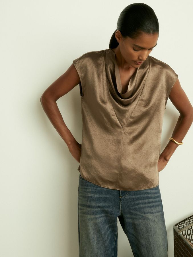 Satin Cowl-Neck Top in Khaki (E52517) | US$56