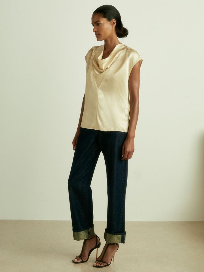 Satin Cowl-Neck Top in Cream (E52519) | US$38