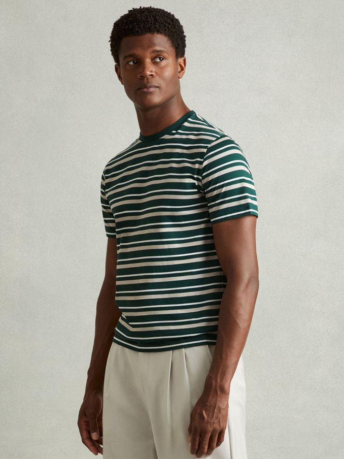 Mercerised Cotton Striped Crew Neck T-Shirt in Fir Green/Silverbirch (E52532) | US$21