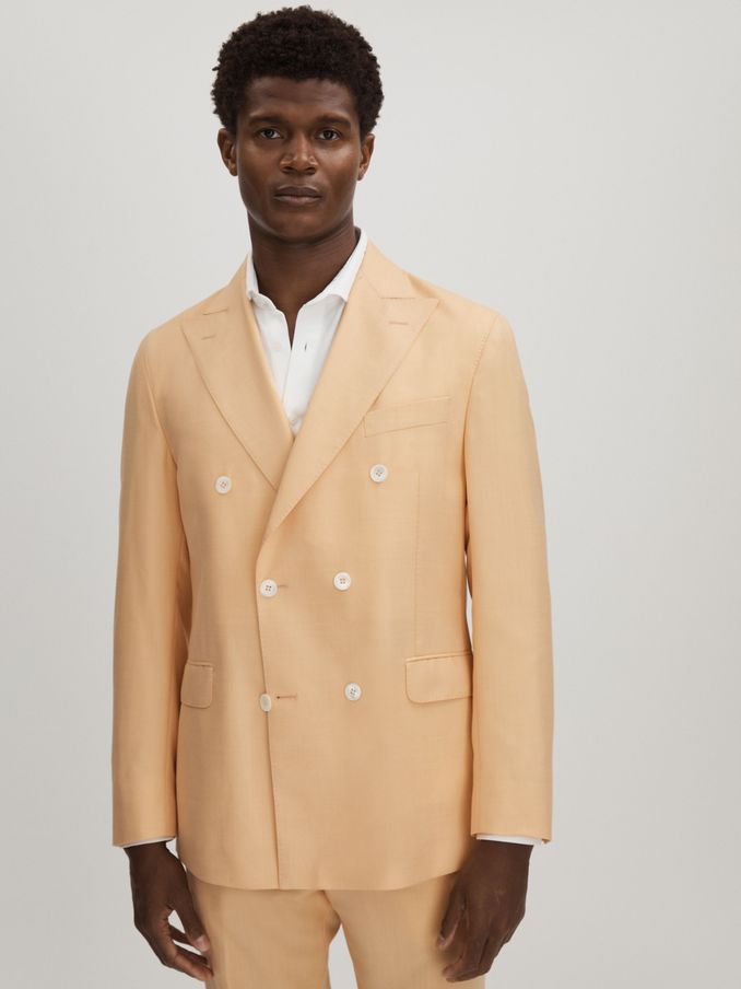 Oscar Jacobson Wool Double Breasted Blazer in Sand (E52810) | CHF 358