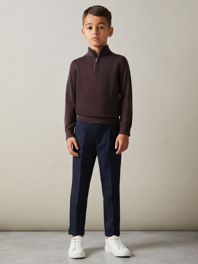 3-9 yrs Merino Wool Half-Zip Funnel Neck Jumper in Dark Bordeaux (E52813) | US$60