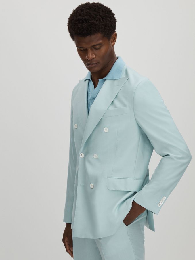 Oscar Jacobson Wool Double Breasted Blazer in Blue (E52815) | US$413