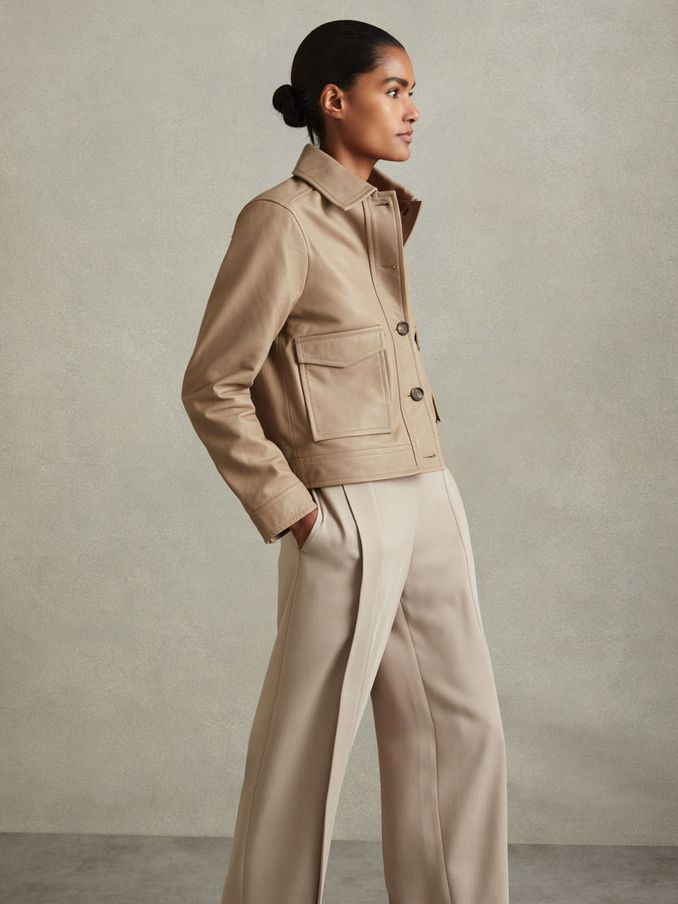 Leather Trucker Jacket in Neutral (E52823) | US$327