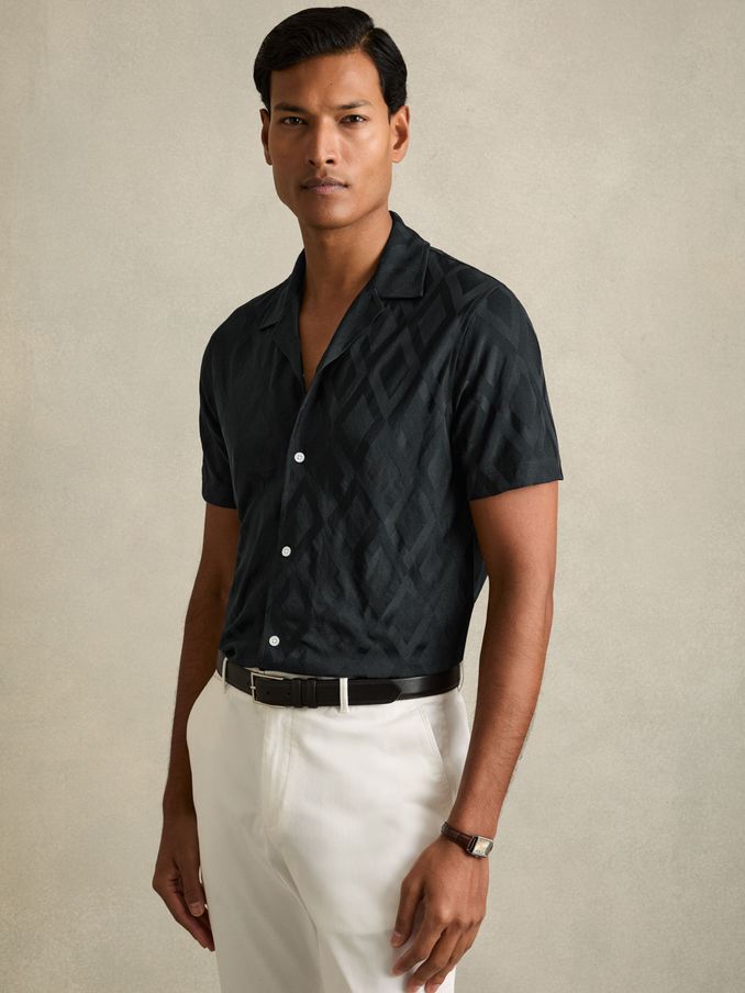 Geometric-Jacquard Cuban-Collar Shirt in Navy (E52831) | US$44