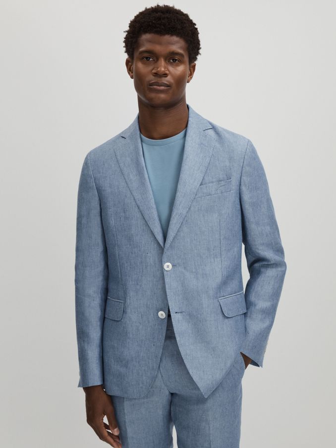 Oscar Jacobson Linen Single Breasted Blazer in Dark Blue (E52832) | US$388