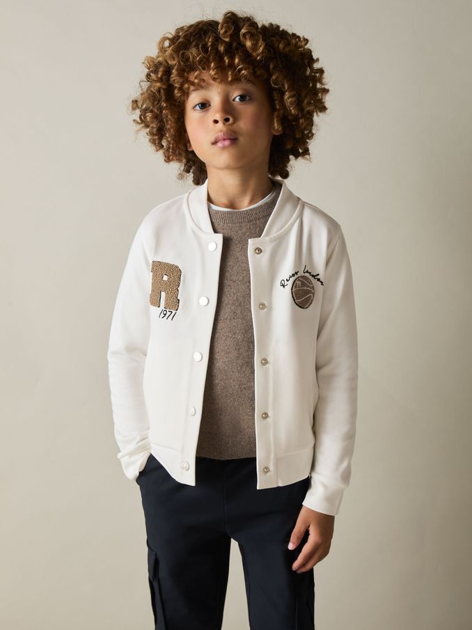 9-13 yrs Interlock-Jersey Basketball Bomber Jacket in Off White (E52836) | AED111