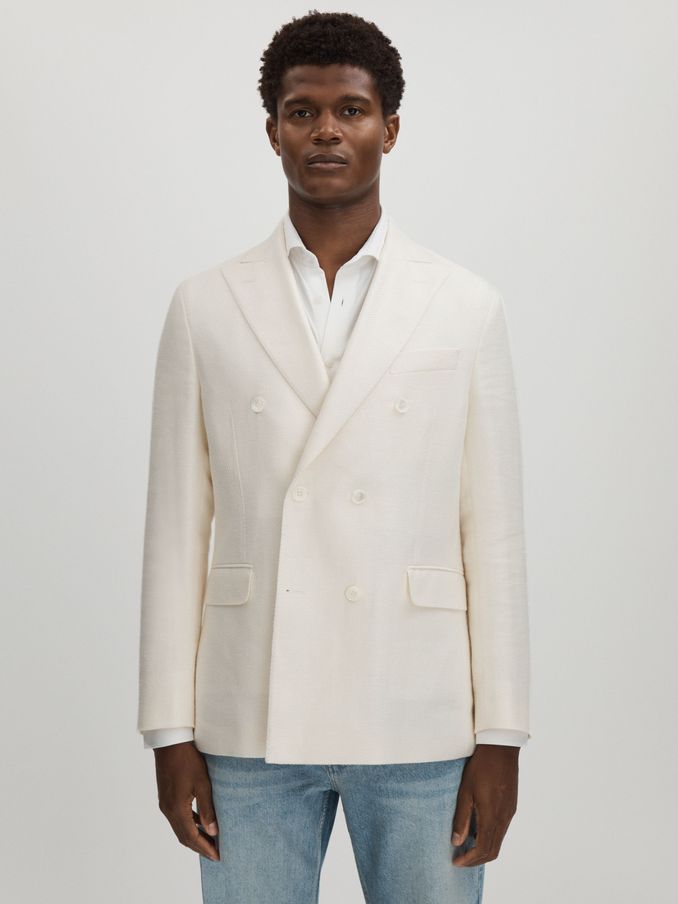 Oscar Jacobson Linen-Wool Twill Double Breasted Blazer in Snow White (E52857) | US$495