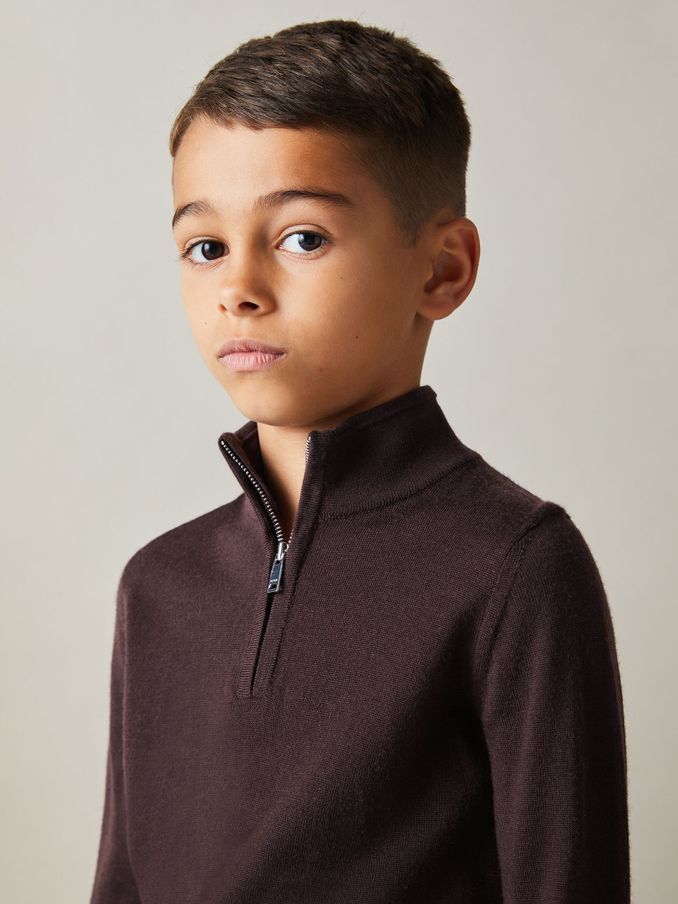 9-13 yrs Merino Wool Half-Zip Funnel Neck Jumper in Dark Bordeaux (E52858) | €50