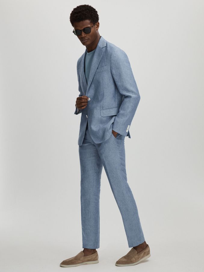 Denz Trousers Dark Blue Oscar Jacobson Slim Fit 100% Linen Trousers (E52860) | US$195