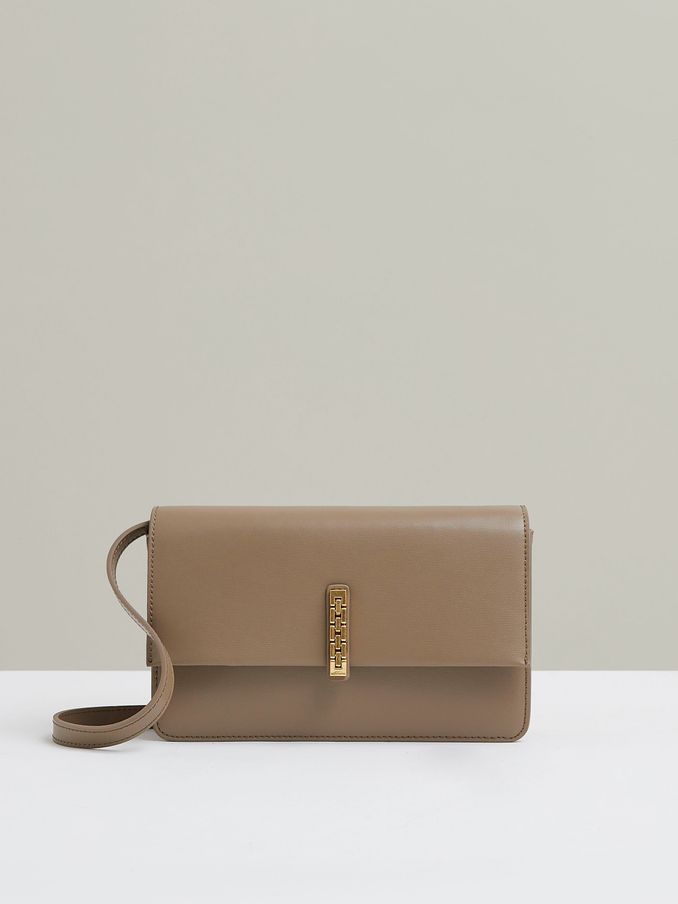 Leather Suede Chain Cross-Body Bag in Taupe (E53244) | US$132