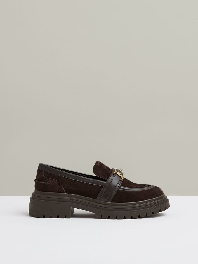 Suede and Leather Cleated Loafers in Chocolate (E53252) | US$142