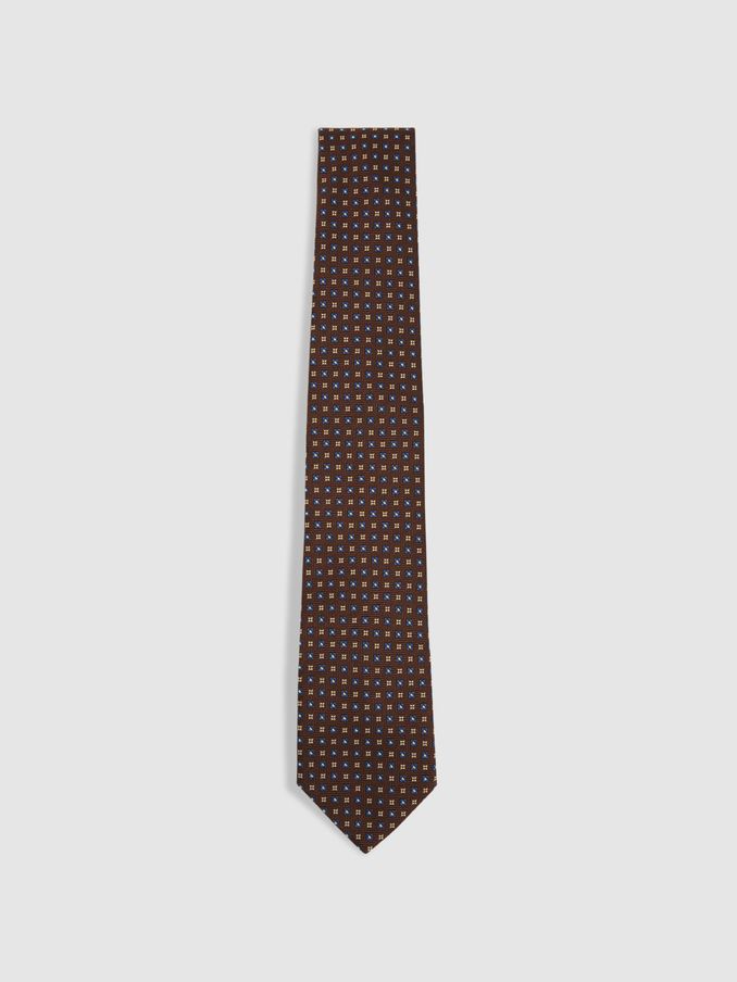 Silk Blend Foulard Floral Tie in Tobacco/Navy (E53461) | US$37