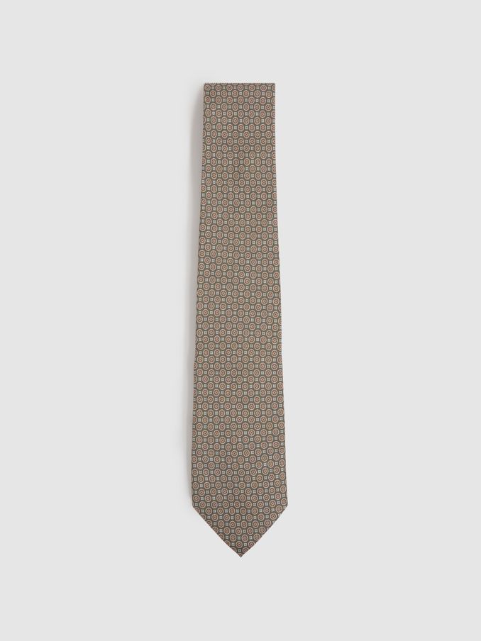 Silk Medallion Print Tie in Olive (E53462) | US$32
